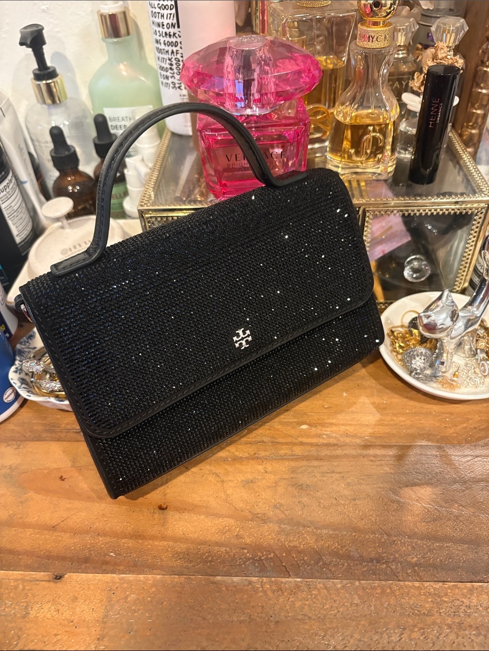 Tory Burch Black Crystal-Embellished Top-Handle Satchel with crossbody so pretty